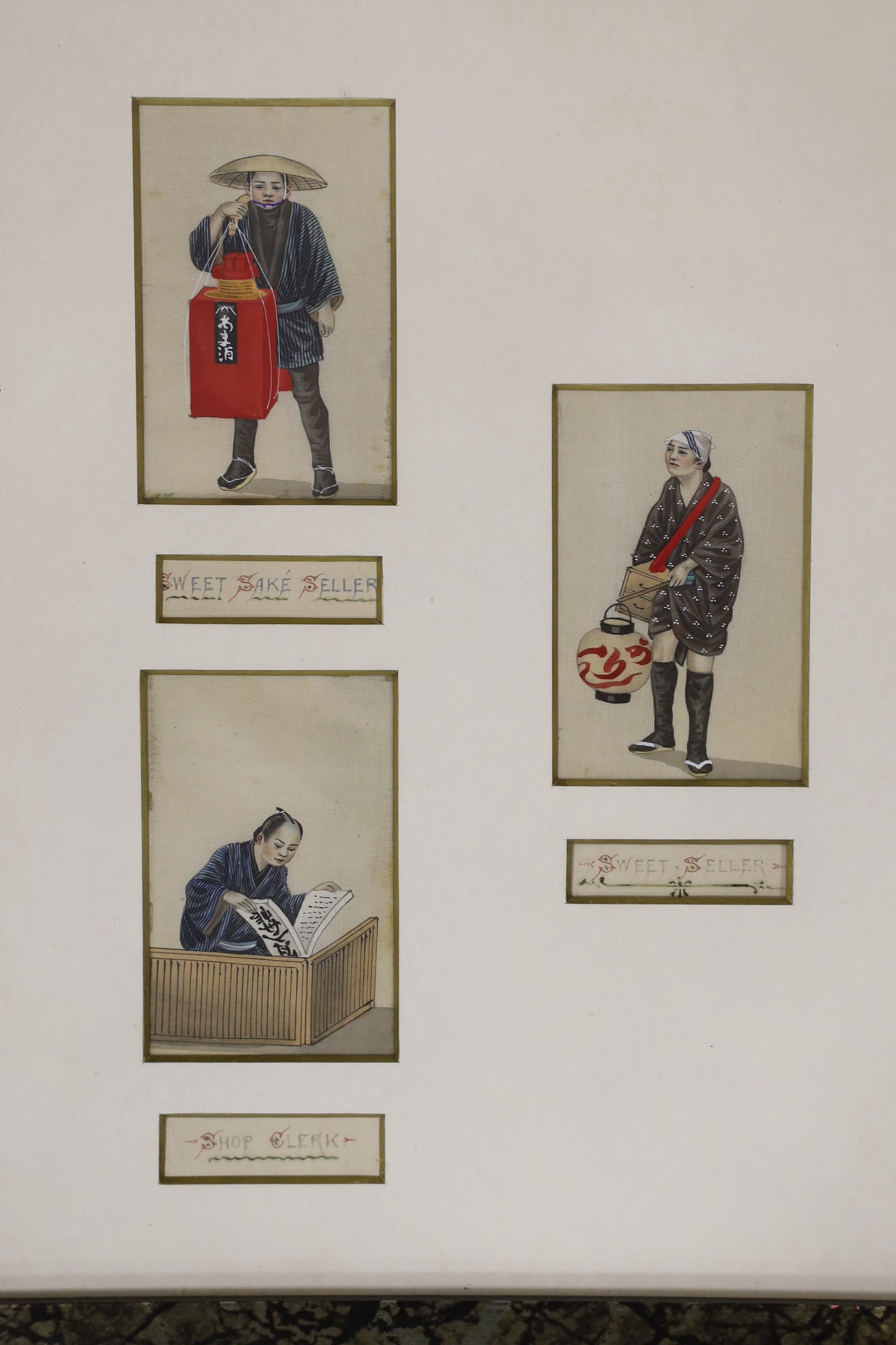 19th century Chinese School, ten gouaches on fabric, Street sellers, each with English titles, 8.5 x 5cm, framed as one